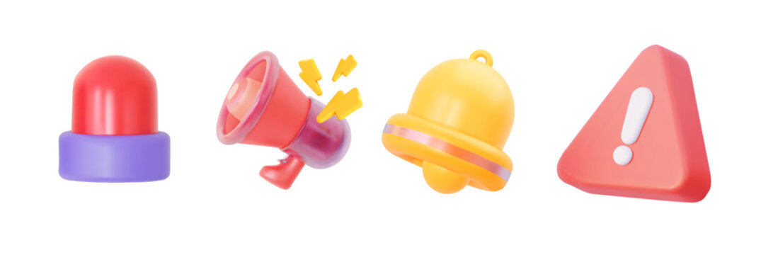 3D alert and SOS icon set vector with siren, megaphone, bell and warning sign. Emergency notification system illustration for security, danger and urgent message concept