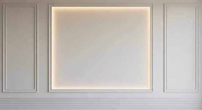 White wall with recessed square lighting, framed by paneling and a detailed trim