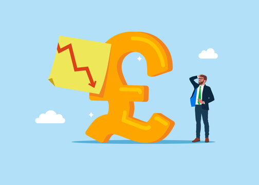 English currency symbol pound sterling with red down arrow on sticky note. Modern vector illustration in flat style