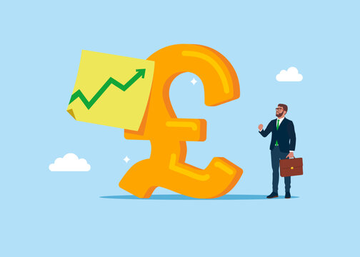English currency symbol pound sterling with green up arrow on sticky note. Modern vector illustration in flat style