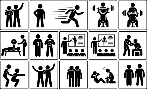 Personal trainer and gym coaching icons set &ndash; fitness support vector illustration