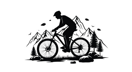 Obraz premium Silhouette of a mountain biker riding through a rugged landscape