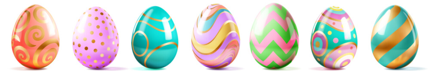 Set of shiny easter eggs with various patterns and soft shadows on white background, showcasing vibrant colors and ornate designs.