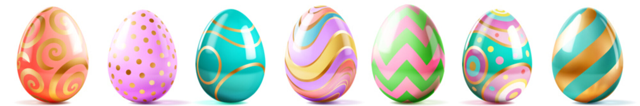 Set of shiny easter eggs with various patterns and soft shadows on white background, showcasing vibrant colors and ornate designs.