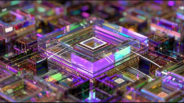 Futuristic Super Computer Chip Circuit Iridescent Glass Cube Neon Reflections Glossy Transparent Panels