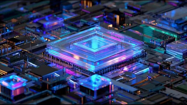Futuristic Super Computer Chip Circuit Iridescent Glass Cube Neon Reflections Glossy Transparent Panels