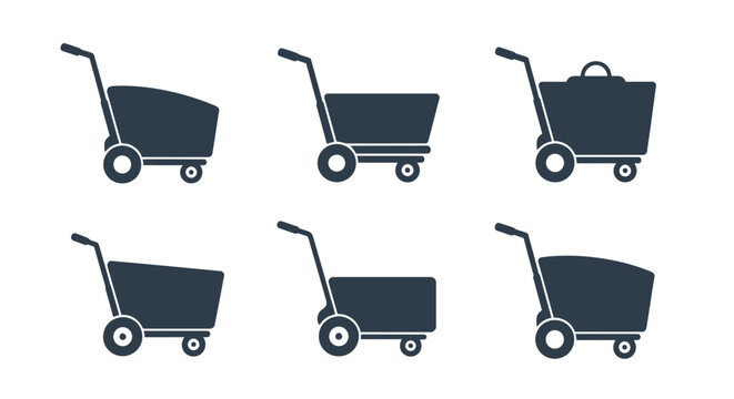 Six dark blue shopping cart and hand truck icons arranged in a grid