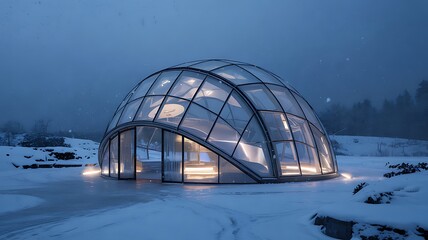 Obraz premium Futuristic Glass Dome House in Snowy Winter Landscape with Warm Interior Lights