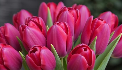Obraz premium Close up of vibrant pink tulips bouquet. Fresh spring flowers with green leaves. Floral background and botanical texture