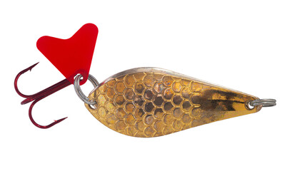 Fishing tackle, spoon bait close-up on a white isolated background