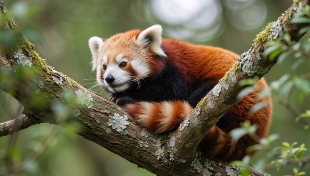 Red panda perched on a mossy tree branch in a forest. Wildlife portrait of an exotic animal with reddish brown fur and ringed tail. Nature and conservation concept