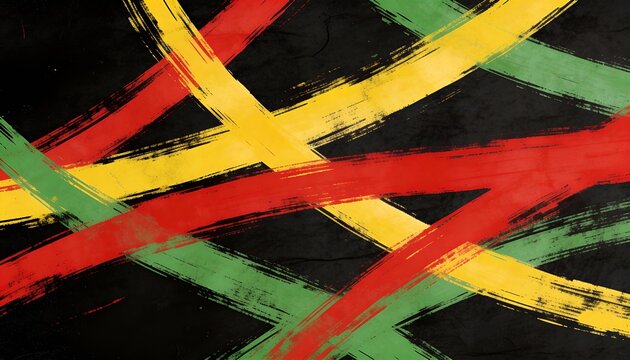 Abstract grunge background with red, yellow, and green brush strokes. Pan African colors paint texture. Rasta and Reggae style art for Black History Month