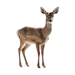 Fototapeta premium A young brown roe deer fawn with soft fur stands isolated on a white background, representing wild nature and forest wildlife as a graceful mammal without antlers