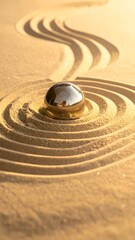 Golden Metal Sphere in Japanese Zen Sand Garden