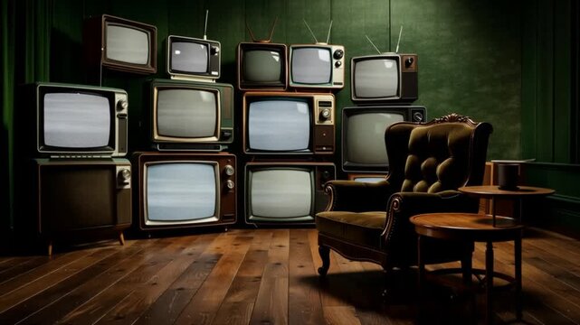 Vintage televisions stacked against wall near armchair