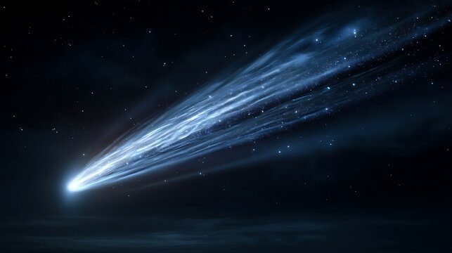 a glowing comet streaking across deep space, long luminous tail of blue and white light, motion blur trails, dark starry background, hyper-realistic fine art composition, 