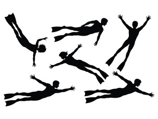 Black Silhouette Collection of Scuba Divers Swimming in Different Poses Vector Illustration © Taslima