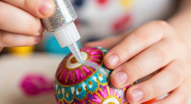 Child's hands carefully apply silver glitter glue onto a richly decorated, colorful Easter egg in a close-up view.