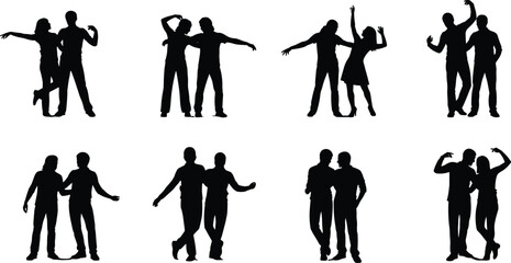 Fototapeta premium Black silhouettes of people dancing and posing together in various positions on white background couples