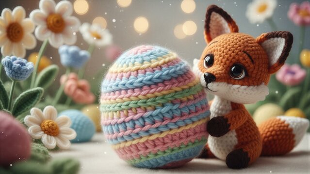 Knitted fox toy with colorful Easter egg, surrounded by crochet flowers. Cute spring decor for holiday design.