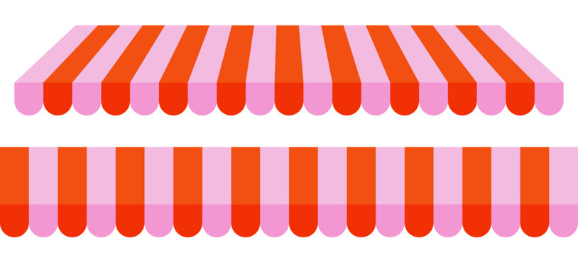 Store roof tent. Pink and orange striped store awnings. Seamless pattern candy pink stripes store awning. Stripe canopy for store or market isolated on transparent background