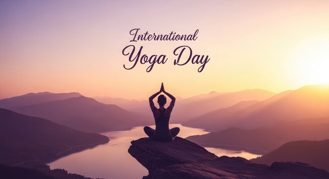 International yoga day celebrations with serene mountain silhouette at sunrise