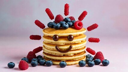 Delightful pancake stack with berries kitchen food photography bright mood close-up joyful breakfast