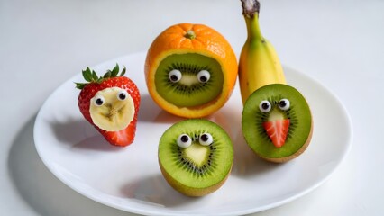 Fun and whimsical fruit characters kitchen table food art indoor close-up playful concept