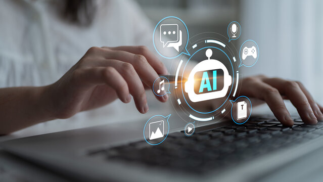 Hands Typing on Laptop Keyboard with AI Icons and Digital Elements Representing Technology, Communication and Innovation Concepts Quark.