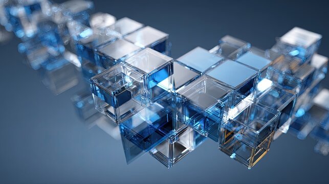 Abstract interconnected crystal cubes floating in a dark blue gradient space
