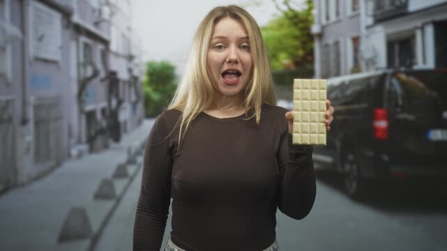 Woman holding white chocolate bar on street, right hand raised, mouth open in tasting smile and presenting the bar; playful joy.