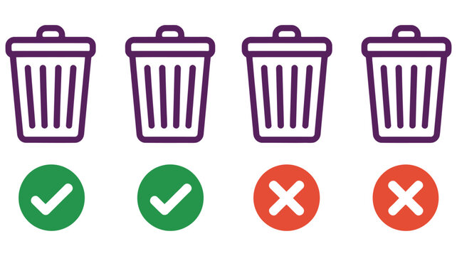 Trash can vector icon collection with action status symbols, including success and error indicators, ideal for delete actions, app notifications, website user interface design