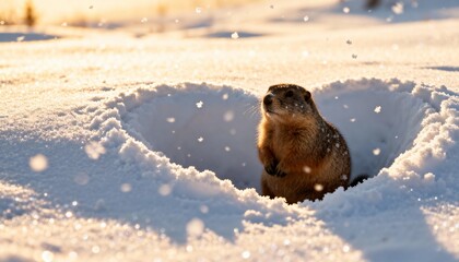 Groundhog sitting in a heart shaped hole in the snow. Marmot in winter landscape during golden hour. Groundhog Day concept