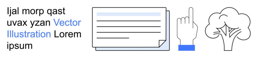Obraz premium Information access, education, user interaction, communication, document management, environment awareness. Pointing hand near a document and tree infographic. Education and user interaction