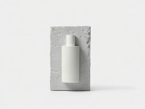 A minimalist product display featuring a sleek white bottle against a textured gray background, ideal for beauty, skincare, or cosmetic branding, Perfect for promotional materials and online shops,
