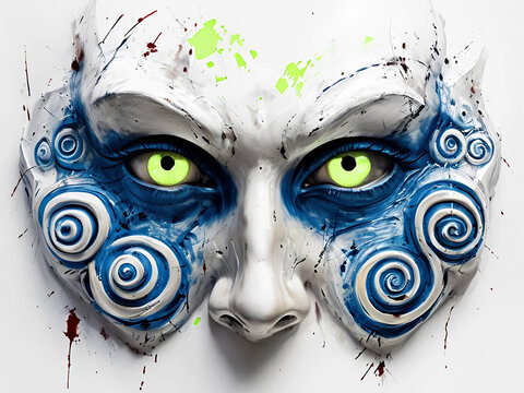 primo piano di una maschera colorata con motivi concentrici e occhi verde smeraldo intenso, close-up of a colorful mask with concentric patterns and intense emerald green eyes