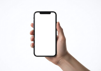 Hand holding a smartphone with a blank screen isolated on white background for mockup purposes
