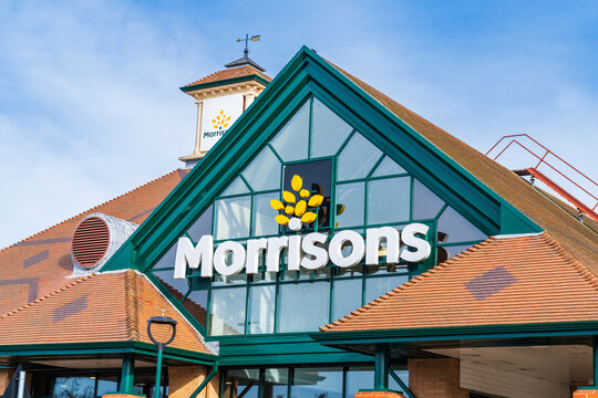 Burton, Staffordshire, UK - February 17th 2026: External signage of a Morrisons store, a UK based supermarket chain.