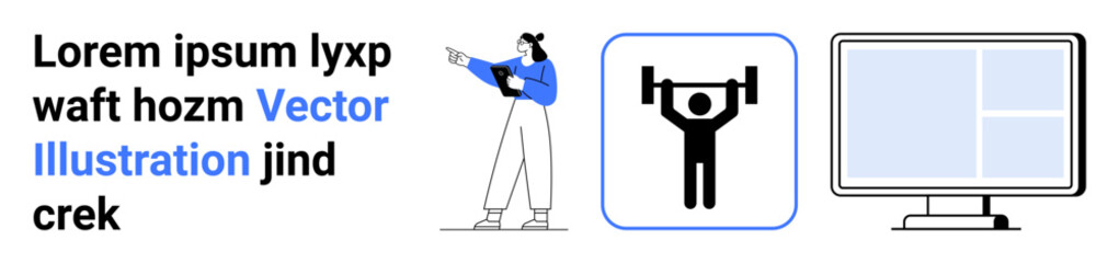 Professional woman pointing, a fitness icon showing weightlifting, and computer interface layout. Ideal for education, fitness, motivation, digital tools, healthy lifestyle, teamwork simple landing
