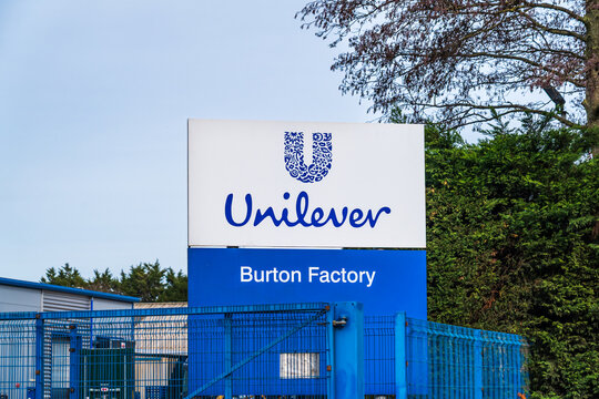 Burton, Staffordshire, UK - February 17th 2026: External signboard of Unilever a British multinational consumer packaged goods company at there factory in Burton where brands such as Marmite and Bovri