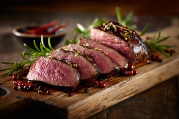 Sliced beef steak serving on rustic wooden board