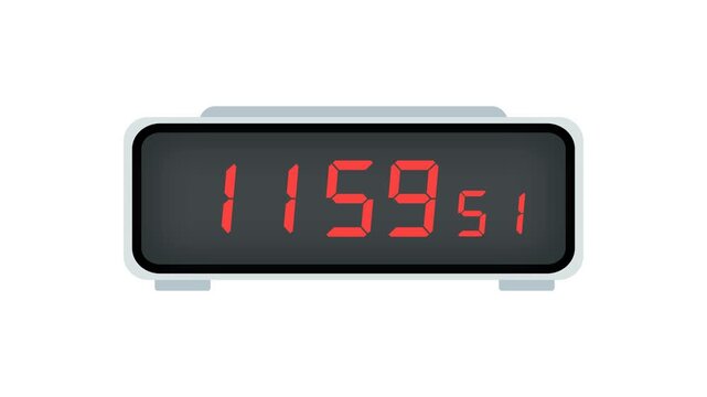Digital clock countdown flat animation from 11:59 to 12:00 on white background and green screen. 4K animated digital clock for deadline timer, flash sale promo, limited time, and motion graphics.