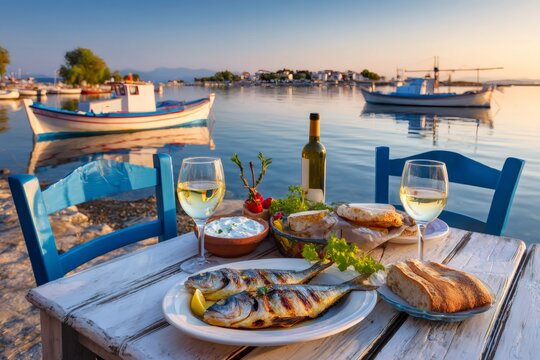 Seafood dinner with grilled fish and white wine by the sea