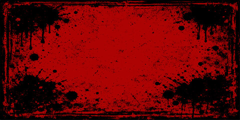 A dark vintage backdrop featuring an aged red paint texture on a dirty grunge wall with a decorative paper pattern design © Jisan