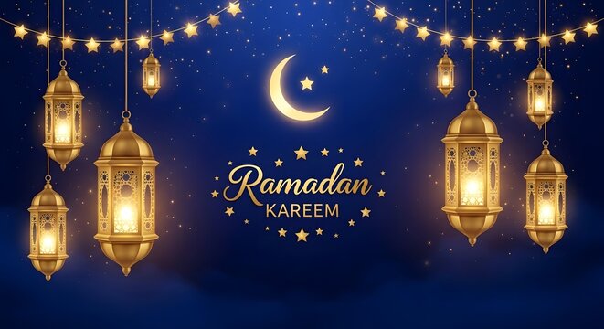 Ramadan Kareem lanterns glowing under crescent moon night sky celebration background