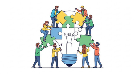 People working together to complete a puzzle light bulb teamwork concept