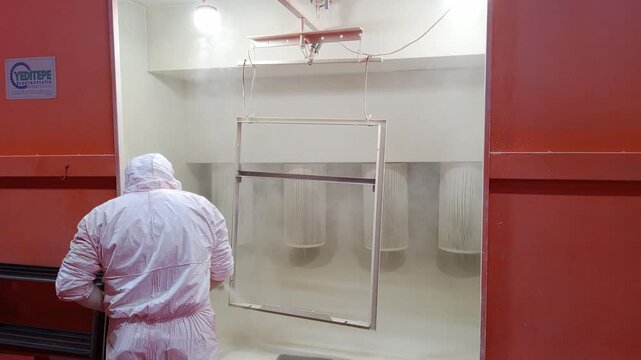 sIndustrial worker applying RAL 9002 white lectrostatic powder coating on metal cabinet inside professional paint booth in modern manufacturing facility.
