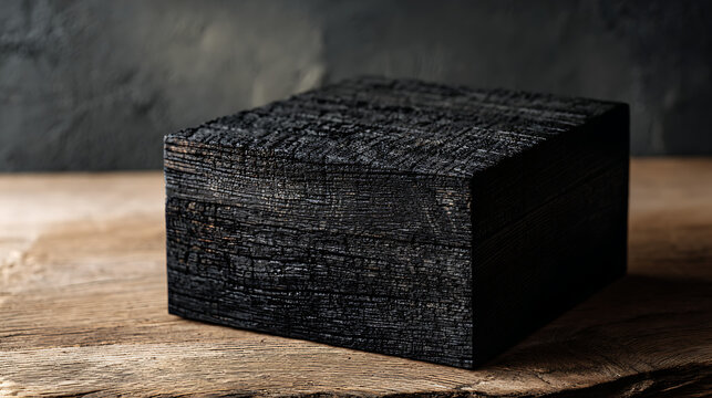 Elegant Charred Wood Box with Shou Sugi Ban Finish on Rustic Timber Surface, Minimalist Dark Carbonized Wooden Container for Luxury Product Packaging and Interior Decor