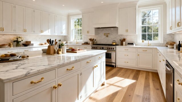 A luxurious kitchen featuring white shaker-style cabinets with polished gold-tone fixtures and a white marble countertop.
