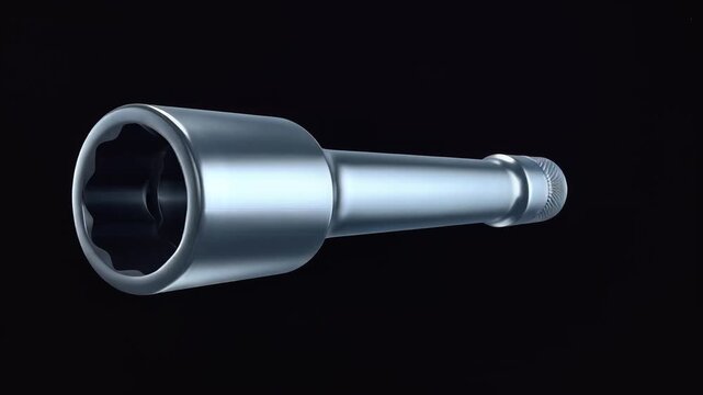 Close-up of a shiny metal socket wrench extension tool on a black background.